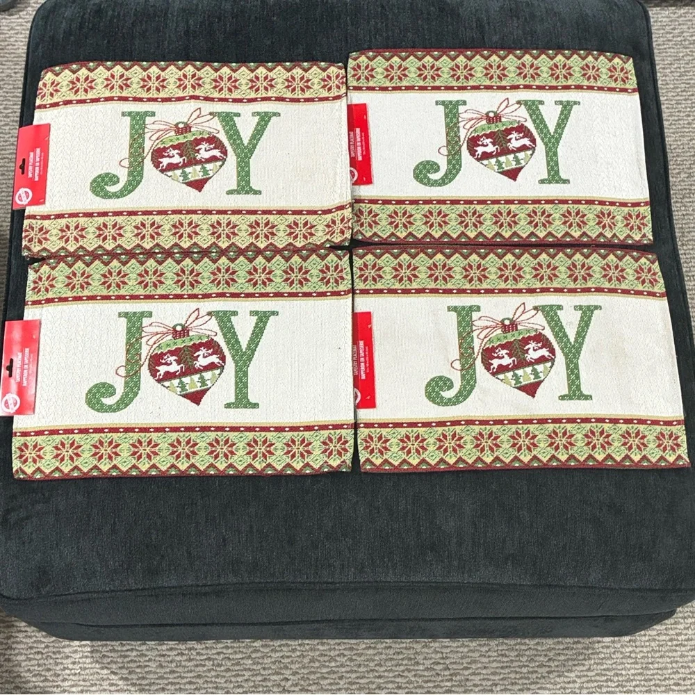 NWT- Set of 4- Cream- Red & Green JOY Ornament Holiday Tapestry Placemats 13x18